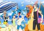  5boys bag bangs bare_legs bare_shoulders beach bikini black_hair blonde_hair brown_hair charizard cloud danzilla day eating food gen_1_pokemon gen_3_pokemon glasses gyarados happy holding ice_cream long_hair meowth mudkip multiple_boys ninetales ocean original outdoors pikachu pokemon pokemon_(creature) popsicle riding short_hair shorts sky smile summer surprised swimsuit treecko umbrella visor_cap white_hair wingull 