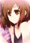  breasts brown_eyes brown_hair casual cleavage puyo sasaki_(suzumiya_haruhi) small_breasts smile solo suzumiya_haruhi_no_yuuutsu 