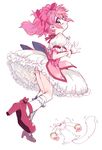  amezawa_koma bow bubble_skirt chibi chibi_inset foreshortening frills from_behind gathers gloves hair_bow head_tilt kaname_madoka kneehighs kyubey looking_at_viewer looking_back magical_girl mahou_shoujo_madoka_magica parted_lips pink_eyes pink_hair pink_skirt puffy_sleeves red_footwear shoes short_hair short_twintails simple_background skirt twintails white_background white_gloves white_legwear 