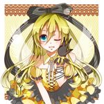  blonde_hair blue_eyes bow bracelet frills gloves grin hair_bow highres jewelry lily_(vocaloid) long_hair looking_at_viewer nou one_eye_closed smile solo vocaloid 