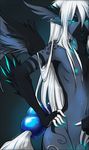  bioluminescence black_sclera blue_eyes body_markings dagger_leonelli dark_background eros girly glowing glowing_claws glowing_eyes glowing_markings glowing_nipples glowing_tongue hair long_hair male markings nipples nude penis plain_background smile solo white_hair wings 