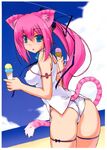  absurdres animal_ears armlet ass beach blue_eyes blue_sky breasts china_dress chinese_clothes covered_nipples day dress food hair_ribbon highres ice_cream ice_cream_cone inu long_hair looking_back medium_breasts original outdoors panties parted_lips pink_hair ponytail ribbon short_dress skindentation sky solo tail thigh_ribbon tiger_ears tiger_tail trefoil underwear white_panties 