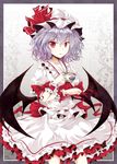  bad_id bad_pixiv_id bat_wings border cup hat highres holding open_mouth purple_hair red_eyes remilia_scarlet short_hair skirt solo tamago_gohan teacup touhou wings wrist_cuffs 