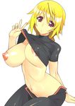  blonde_hair breasts charlotte_dunois infinite_stratos large_breasts navel nipples pilot_suit purple_eyes ryuuta_(msxtr) shiny shiny_clothes shiny_skin shirt_lift skin_tight solo unaligned_breasts v 