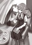  bad_id bad_pixiv_id book boots chair head_wings koakuma monochrome necktie nyakonro_(nekonro) skirt skirt_set solo tea touhou vest window wings 