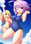  bikini blonde_hair breasts covered_nipples highres jumping medium_breasts micro_bikini multiple_girls one-piece_swimsuit one_eye_closed ooyama_kina original purple_eyes purple_hair school_swimsuit short_hair swimsuit underboob yellow_eyes 