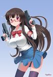  armband ass_visible_through_thighs bangs blush bow breasts brown_hair copyright_request dual_wielding glasses gradient gradient_background gun handgun holding holding_gun holding_weapon large_breasts leaning_forward long_hair long_sleeves number10_(hagakure) pistol pleated_skirt purple_legwear red-framed_eyewear red_eyes school_uniform semi-rimless_eyewear shirt sig_sauer sig_sauer_p228 simple_background skirt solo sweatdrop taut_clothes taut_shirt thighhighs trigger_discipline under-rim_eyewear very_long_hair weapon 