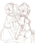  hat himekaidou_hatate holding_hands interlocked_fingers monochrome multiple_girls one_eye_closed pointy_ears shameimaru_aya sketch smile tokin_hat touhou yu-ves 