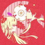  1girl bad_id bad_pixiv_id black_hair blonde_hair bow chrysanthemum circle expressionless floating_hair floral_background flower gakuran gosick hair_bow harugamitsu hat japanese_clothes kimono kujou_kazuya long_hair plum_blossoms red school_uniform short_hair striped striped_background vertical-striped_background vertical_stripes victorica_de_blois yagasuri 