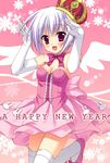  bare_shoulders bow breasts bunny_pose cleavage crown dress elbow_gloves gloves happy_new_year moribe_(rabumanyo) new_year original small_breasts solo thighhighs white_legwear 