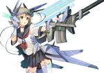  banned_artist brown_hair exoskeleton gloves green_eyes gun heterochromia mecha_musume open_mouth original paseri pleated_skirt rifle school_uniform serafuku short_hair silver_hair skirt solo thighhighs weapon white_legwear zettai_ryouiki 