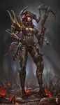  armor banned_artist bow_(weapon) cleavage_cutout crossbow demon_hunter diablo diablo_3 highres hood horns paul_kwon solo weapon 