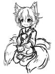  animal_ears arceonn cat cat_on_lap chen chen_(cat) fox_ears fox_tail greyscale monochrome multiple_tails seiza short_hair sitting solo tail touhou yakumo_ran younger 