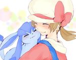  blush brown_hair closed_eyes gen_4_pokemon glaceon hat hug kotone_(pokemon) lossy-lossless nintendo pegumin pokemon pokemon_(creature) pokemon_(game) pokemon_hgss smile twintails 