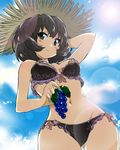  akira_(umihan) bikini black_hair blue_eyes commentary_request food fruit grapes hat heterochromia idolmaster idolmaster_cinderella_girls lens_flare mole mole_under_eye short_hair straw_hat swimsuit takagaki_kaede 