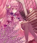  :o adapted_costume bad_id bad_pixiv_id blue_bow blush book book_stack bow candle crescent dress flower frilled_dress frilled_sleeves frills hair_bow hat indoors lavender_(flower) long_hair looking_at_viewer mob_cap nozomi_fuuten patchouli_knowledge purple_eyes purple_hair purple_legwear red_bow ribbon solo striped striped_legwear thighhighs touhou vertical-striped_legwear vertical_stripes very_long_hair zettai_ryouiki 