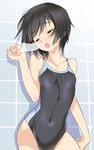  1girl amagami bad_id bad_pixiv_id bare_shoulders black_hair blade_(galaxist) blush closed_eyes collarbone competition_swimsuit disembodied_penis hetero invisible_penis nanasaki_ai one-piece_swimsuit open_mouth penis short_hair solo_focus swimsuit 