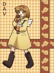  bag boots brown_hair coat dav-19 food hairband kanon mittens red_eyes short_hair solo taiyaki tsukimiya_ayu wagashi wings winter_clothes 