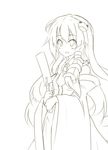  frog_hair_ornament hair_ornament kochiya_sanae long_hair monochrome open_mouth simple_background smile snake solo touhou white_background yu-ves 