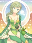  abstract_background bad_id bad_pixiv_id blue_eyes breasts cape cleavage collarbone creature crescent earrings final_fantasy final_fantasy_iv green_hair green_leotard hair_ornament hairclip head_tilt jewelry leotard light_smile long_hair looking_at_viewer medium_breasts moon off_shoulder older rydia sash shiranami sitting solo star star_earrings strap_slip thighhighs whip wristband 