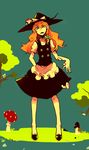  apron buttons from_below grass hat kirisame_marisa looking_down mushroom orange_hair simple_background solo sweat tera touhou tree witch_hat 