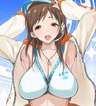  armpits arms_up bikini_top breasts brown_eyes brown_hair cleavage headset idolmaster idolmaster_cinderella_girls jacket jewelry large_breasts long_hair nitta_minami open_clothes open_jacket open_mouth poin smile solo sweat 