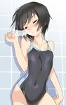  1girl amagami bad_id bad_pixiv_id bare_shoulders black_hair blade_(galaxist) blush closed_eyes collarbone competition_swimsuit cum disembodied_penis facial hetero invisible_penis nanasaki_ai one-piece_swimsuit open_mouth penis short_hair solo_focus swimsuit 
