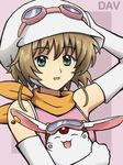  brown_hair dav-19 goggles green_eyes hat mokona sakura_hime solo tsubasa_chronicle 