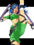  bandeau belt blue_eyes blue_hair dual_wielding earrings holding jewelry kicking letterboxed long_hair maabou midriff open_mouth shorts solo tonfa toushinden tracy_(toushinden) weapon white_background 