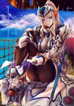  absurdres armor barioth_(armor) blonde_hair blue_eyes blue_sky boots breasts brown_legwear cloud dressing highres kizuki_aruchu large_breasts long_hair looking_at_viewer monster_hunter monster_hunter_3_g panties panties_under_pantyhose pantyhose parted_lips pauldrons ponytail scan sitting sky solo sword thigh_strap underwear water weapon 