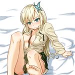  arm_support bad_id bad_pixiv_id barefoot blonde_hair boku_wa_tomodachi_ga_sukunai butterfly_hair_ornament feet green_eyes hair_ornament kashiwazaki_sena long_hair mizukiri no_bra open_clothes open_shirt school_uniform shirt sitting skirt solo st._chronica_academy_uniform 