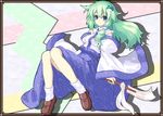  blue_eyes blush detached_sleeves frog_hair_ornament green_hair hair_ornament highres kochiya_sanae long_hair looking_at_viewer smile snake solo touhou yu-ves 