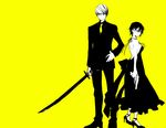  1girl backless_dress backless_outfit bad_id bad_pixiv_id bare_back bare_shoulders breasts dress formal gun highres medium_breasts narukami_yuu necktie persona persona_4 shirogane_naoto short_hair sideboob simple_background suit sword weapon yellow_background yoshida_morohe 