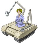  ^_^ brown_hair caterpillar_tracks chorozo closed_eyes gohou_shoujo_sowaka-chan ground_vehicle male_focus mechanical_arm mechazawa_shin'ichi-sensei military military_vehicle motor_vehicle robot simple_background solo tank white_background 