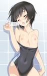  1girl amagami bad_id bad_pixiv_id bare_shoulders black_hair blade_(galaxist) blush breasts closed_eyes collarbone competition_swimsuit cum cum_on_body cum_on_breasts cum_on_upper_body disembodied_penis facial hetero invisible_penis nanasaki_ai nipples off_shoulder one-piece_swimsuit open_mouth penis short_hair small_breasts solo_focus swimsuit tears 