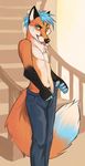  blue_eyes blue_hair canine clothed clothing demicoeur fox hair half-dressed looking_at_viewer male mammal open_pants pants solo tongue tongue_out topless undressing 