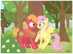  apple big_macintosh_(mlp) blonde_hair blue_eyes blush bush cutie_mark equine female feral fluttershy_(mlp) friendship_is_magic fruit green_eyes hair horse male mammal my_little_pony pegasus pony surprise thephoebster tree wings wood yoke 