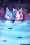  blush carla cat charle cuddling exceed fairy_tail feline happy_(fairy_tail) hot_spring lumineko mammal water 