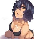  arm_support bare_shoulders bikini black_hair breasts bust_cup cleavage green_eyes hair_between_eyes large_breasts lips looking_at_viewer nazo_no_kanojo_x open_mouth pepe_(jonasan) saliva saliva_trail short_hair simple_background solo swimsuit urabe_mikoto 