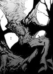  bad_pixiv_id chomoran dragon fangs greyscale horse monochrome monster no_humans open_mouth original tree wings 