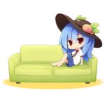  :o bad_id bad_pixiv_id beni_shake blouse blue_hair bow chibi couch food food_themed_clothes fruit hand_on_own_knee hat head_tilt hinanawi_tenshi leaf leg_up long_hair looking_at_viewer peach red_eyes shadow simple_background sitting skirt solo touhou white_background 