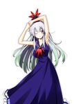  armpits arms_up breasts dress feet_out_of_frame gradient_hair hat kamishirasawa_keine kiku_hitomoji long_hair medium_breasts multicolored_hair one_eye_closed red_eyes silver_hair simple_background sleeveless smile solo stretch tokin_hat touhou white_background 