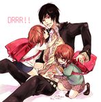  2girls backpack bag bandaid buruma durarara!! mori_muki multiple_girls orihara_izaya orihara_kururi orihara_mairu siblings skirt sweatdrop younger 