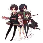  3girls black_hair blue_eyes braid brown_hair buruma cup durarara!! fur_trim glasses gym_uniform heart highres jacket multiple_girls niwako orihara_izaya orihara_kururi orihara_mairu pen red_eyes saucer school_uniform serafuku siblings sweatdrop teacup yagiri_namie 