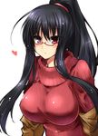  bad_id bad_pixiv_id black_hair breasts copyright_request glasses heart impossible_clothes jacket large_breasts long_hair looking_at_viewer paopao ponytail red-framed_eyewear red_eyes ribbed_sweater semi-rimless_eyewear sidelocks simple_background solo sweater white_background 