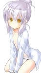  bad_id bad_pixiv_id between_legs copyright_request flat_chest hair_bun looking_at_viewer naked_shirt panties paopao shirt silver_hair simple_background sleeves_past_wrists solo underwear white_background white_panties yellow_eyes 
