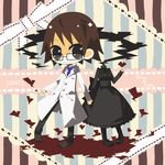  1girl black_dress boots brown_hair celty_sturluson closed_labcoat dress durarara!! eriko_(chika) glasses heart holding_hands kishitani_shinra labcoat ribbon 