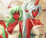  blue_hair breasts cleavage demon_girl eu03 fang glasses green_hair horn horns kneesocks_(psg) large_breasts long_hair multiple_girls panty_&amp;_stocking_with_garterbelt ponytail red_skin scanty_(psg) siblings sisters yellow_eyes 