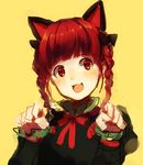  :d animal_ears blush braid cat_ears kaenbyou_rin open_mouth paw_pose red_eyes red_hair simple_background smile solo touhou twin_braids upper_body weee_(raemz) yellow_background 