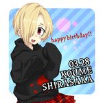  bad_id bad_pixiv_id birthday black_legwear character_name earrings hair_over_one_eye hood hood_down hoodie idolmaster idolmaster_cinderella_girls jewelry pleated_skirt red_eyes shirasaka_koume skirt sleeves_past_fingers sleeves_past_wrists solo 